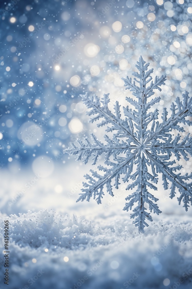 A close-up of a delicate snowflake on a snowy background with bokeh lights, ideal for winter and festive themes. A close-up of a delicate snowflake on a snowy background with bokeh lights, ideal for winter and festive themes.