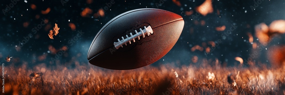 An American football flies through the air, surrounded by a flurry of autumn leaves. The ball is illuminated by an unseen light source, creating a dramatic and dynamic image. The dark background emph An American football flies through the air, surrounded by a flurry of autumn leaves. The ball is illuminated by an unseen light source, creating a dramatic and dynamic image. The dark background emph
