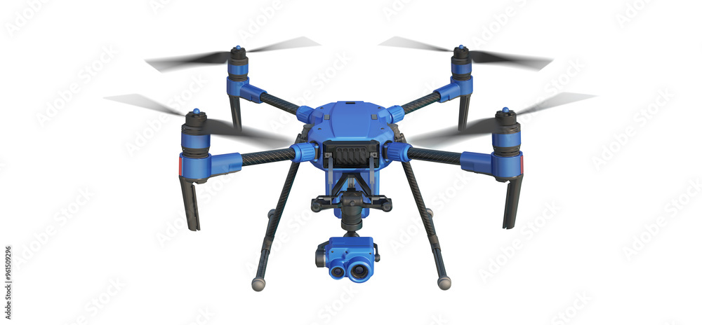 A 3d model drone (quadcopter) with remote control, flying with a 4k camera. blue color. 3d illustration. Isolated on white background A 3d model drone (quadcopter) with remote control, flying with a 4k camera. blue color. 3d illustration. Isolated on white background