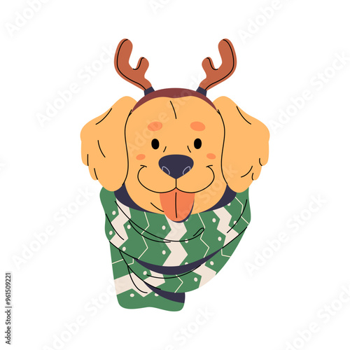 Avatar of cute dog with Christmas reindeer antlers. Funny puppy wearing wool scarf in winter holiday. Portrait of pet, domestic animal in Xmas deer horns. Flat isolated vector illustration on white