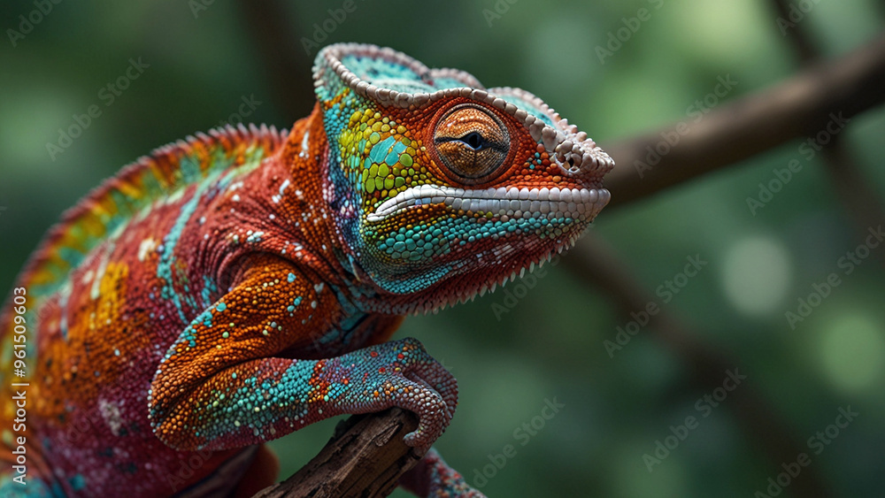 Obraz premium Blending into Nature: Chameleon’s Color-Changing Skin Through Macro Lenses