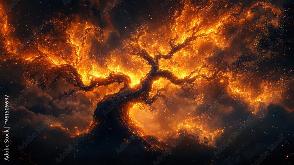 surreal tree silhouette with branches ablaze in vivid neon orange and yellow hues electric colors intertwine organically creating a mesmerizing contrast against a dark background surreal tree silhouette with branches ablaze in vivid neon orange and yellow hues electric colors intertwine organically creating a mesmerizing contrast against a dark background