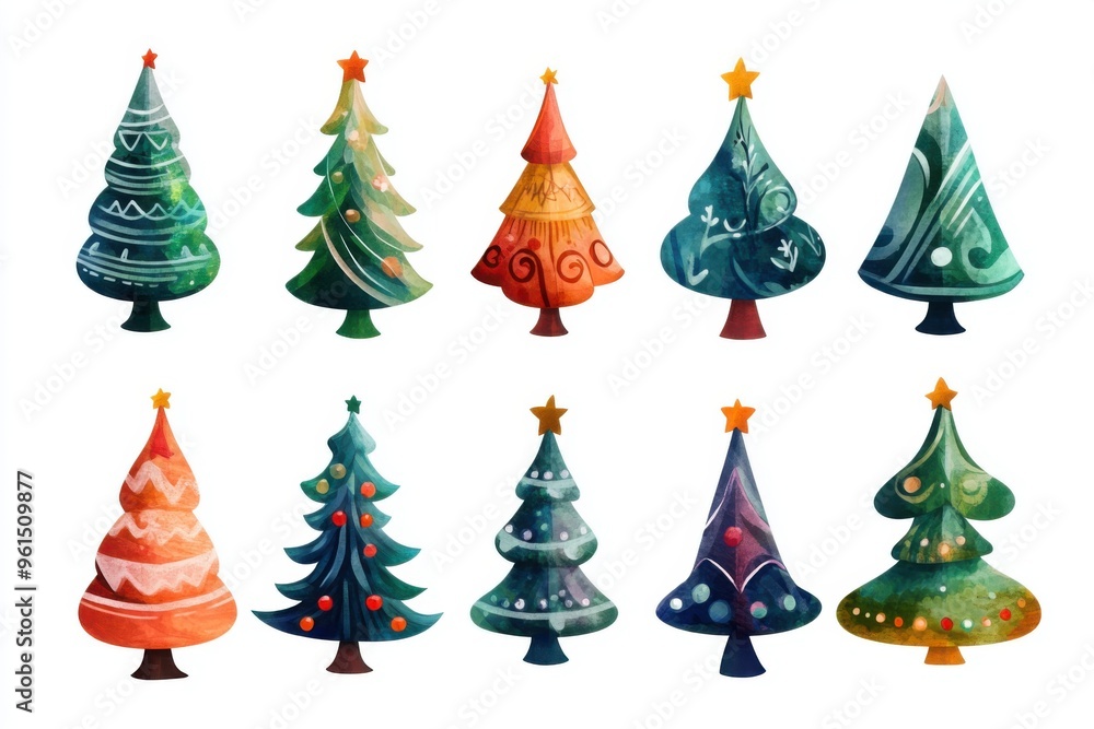 Obraz premium Collection of festive christmas trees with decorative designs for holiday decor