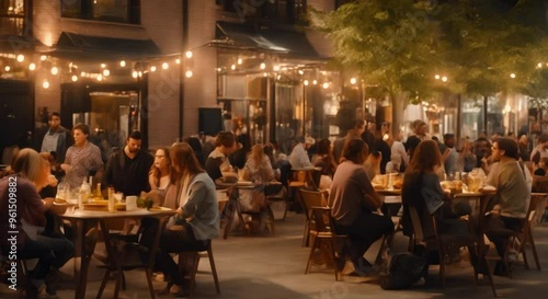 People dining al fresco in a busy urban neighborhood.
