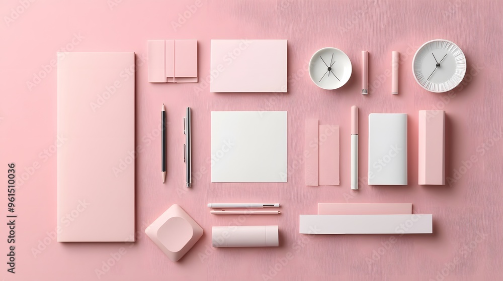 A flat lay of simple stationery items arranged in a clean, geometric pattern A flat lay of simple stationery items arranged in a clean, geometric pattern