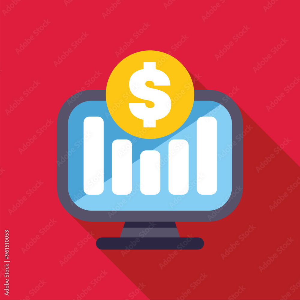 Minimalist illustration featuring a computer displaying increasing statistics and a dollar sign, hinting at financial success Minimalist illustration featuring a computer displaying increasing statistics and a dollar sign, hinting at financial success