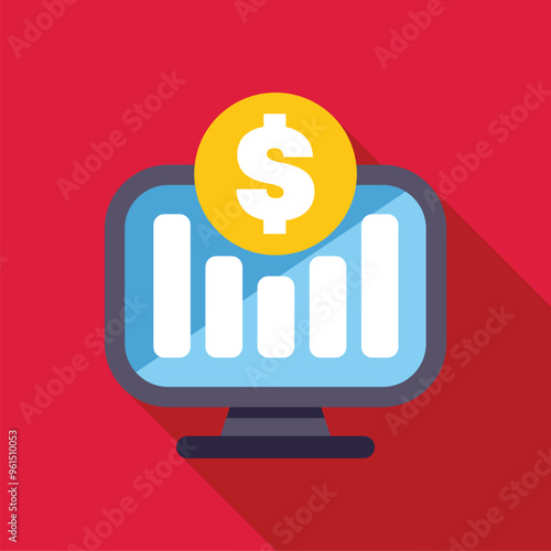 Minimalist illustration featuring a computer displaying increasing statistics and a dollar sign, hinting at financial success