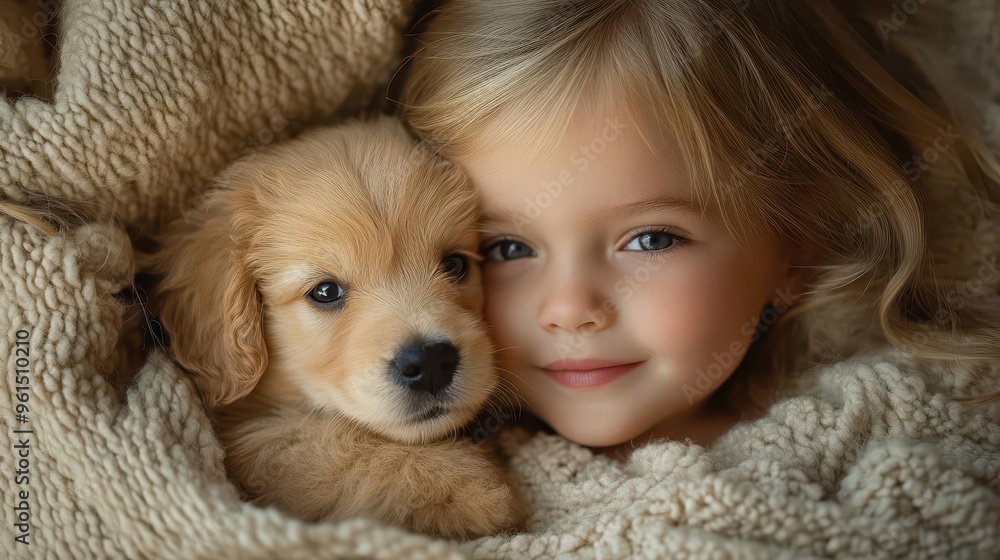 tender moment between child and puppy soft pastel tones cozy blanket nest natural window light intimate closeup tender moment between child and puppy soft pastel tones cozy blanket nest natural window light intimate closeup