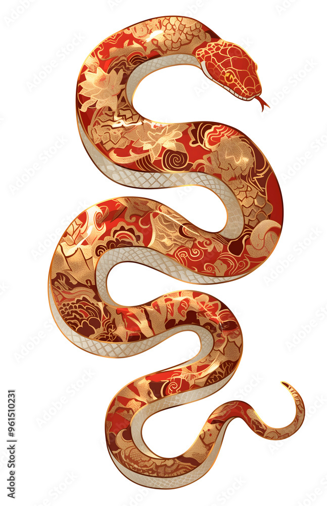 Lunar Zodiac Chinese snake illustration in style of ancient Asian art. Red and gold serpent with intricate pattern with oriental traditional motifs. 2025 New Year isolated clip art Lunar Zodiac Chinese snake illustration in style of ancient Asian art. Red and gold serpent with intricate pattern with oriental traditional motifs. 2025 New Year isolated clip art