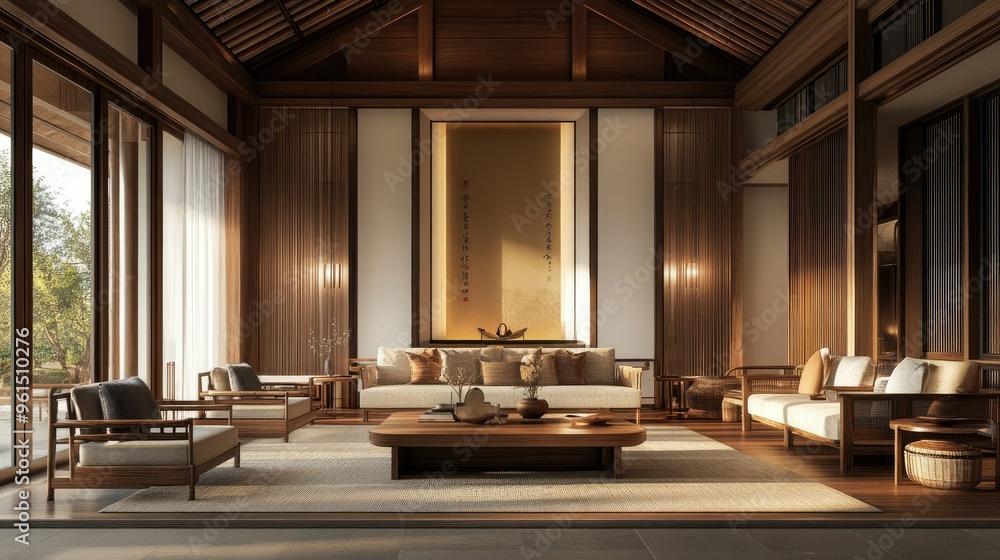 Elegant, minimal living room designed with Asian antique aesthetics, decorated with clean lines and warm-toned furniture. Elegant, minimal living room designed with Asian antique aesthetics, decorated with clean lines and warm-toned furniture.