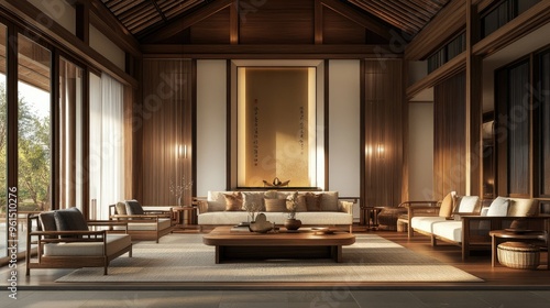 Elegant, minimal living room designed with Asian antique aesthetics, decorated with clean lines and warm-toned furniture.