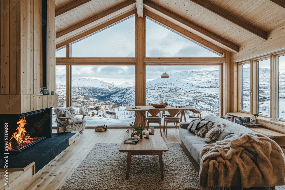 Fototapeta premium Cozy modern cabin interior with panoramic mountain views and a warm fireplace.