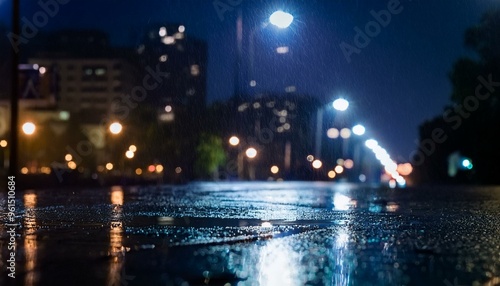 Wet road reflecting city lights at night photo