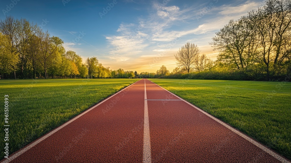 Empty running lanes on a track surrounded by green grass, with a beautiful morning sky. Empty running lanes on a track surrounded by green grass, with a beautiful morning sky.