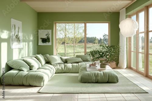 A serene, green living room with cozy seating and large windows showcasing nature outside.