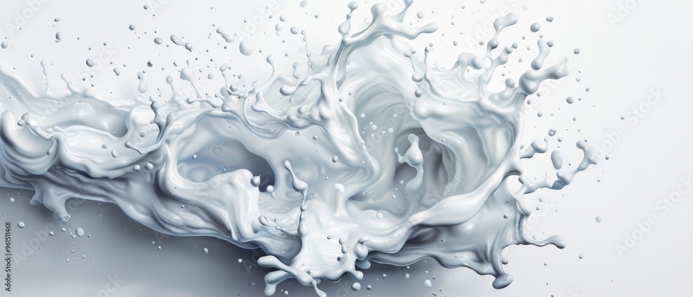 A tight shot of a white liquid spraying onto a pristine white background, forming droplets at impact A tight shot of a white liquid spraying onto a pristine white background, forming droplets at impact