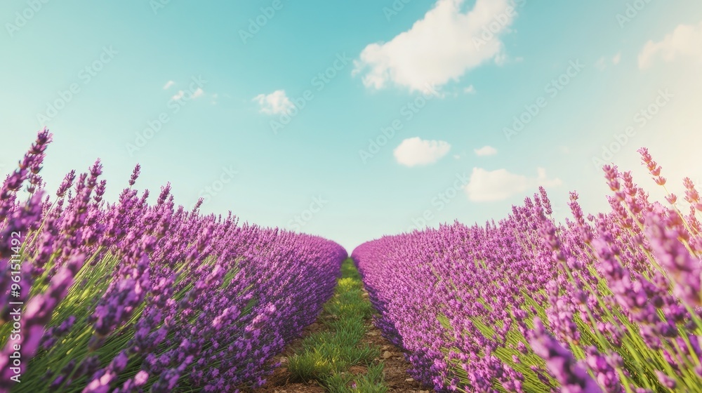 Obraz premium A field of lavender under a clear blue sky, creating a serene and calming floral backdrop with rows of blooming purple flowers
