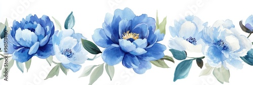 Delicate watercolor blue peonies and leaves create a charming floral border, symbolizing beauty, grace, prosperity, love, and new beginnings.
