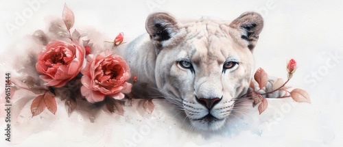  A watercolor painting of a white tiger with red flowers on its face Behind it, another watercolor painting of a white tiger adorned with red flowers in its headdress