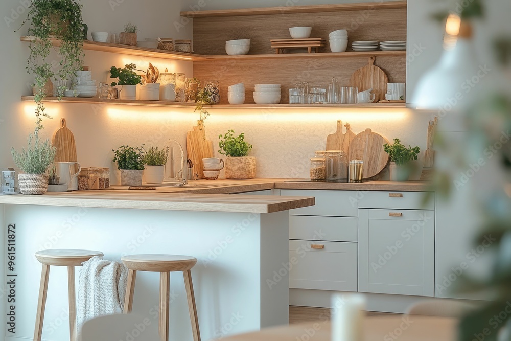 A modern kitchen with wooden accents, plants, and organized dishware for a cozy atmosphere. A modern kitchen with wooden accents, plants, and organized dishware for a cozy atmosphere.
