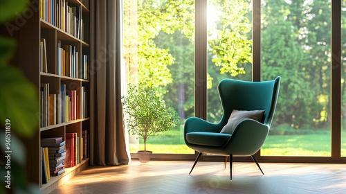 A quiet office corner with a bookshelf and a comfortable chair, symbolizing focus and relaxation.