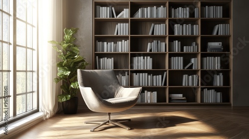 A quiet office corner with a bookshelf and a comfortable chair, symbolizing focus and relaxation. photo