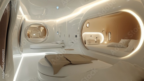 Fototapeta Naklejka Na Ścianę i Meble -  Futuristic spaceship hotel interior with capsule beds. This image evokes a sense of modern design, space travel, and luxury. The use of curved lines and white color create a clean and elegant atmosphe