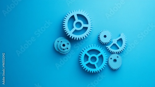 Interlocking gears on a blue background symbolize teamwork, collaboration, and smooth operation. The gears represent different parts working together to achieve a common goal. photo