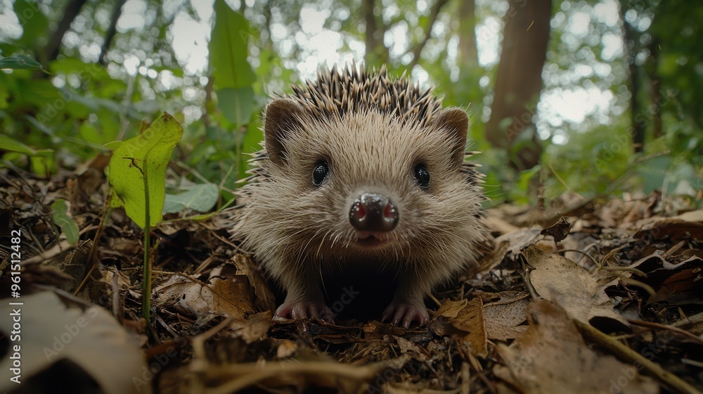 Naklejka premium Curious Hedgehog Emerging from Burrow in Enchanting Forest Scene