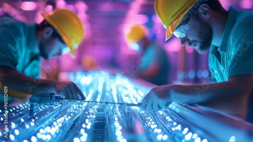 Telecommunication engineers work in a brightly lit data center, installing fiber optic cables, representing the advancement of technology, network infrastructure, connectivity, and data transmission. photo