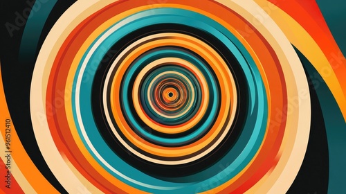 Abstract vector image of concentric circles and radiating lines in bold colors, creating a visually striking and modern background