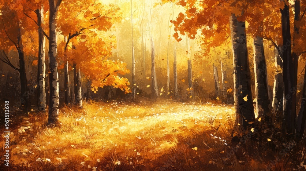 Fototapeta premium Autumn forest with golden leaves, capturing the warm and rich colors of the season.