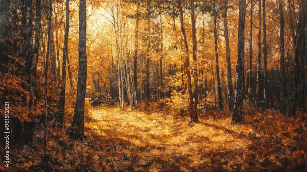 Autumn forest with golden leaves, capturing the warm and rich colors of the season. Autumn forest with golden leaves, capturing the warm and rich colors of the season.