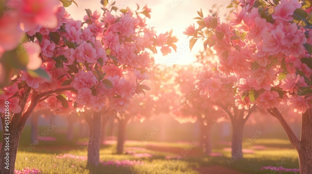Naklejka premium Blossoming fruit trees in a sunny orchard, symbolizing abundance and new life.