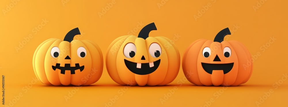 paper cut card A set of three different pumpkin icons with green curly vines and purple eyes for Halloween decorations paper cut card A set of three different pumpkin icons with green curly vines and purple eyes for Halloween decorations