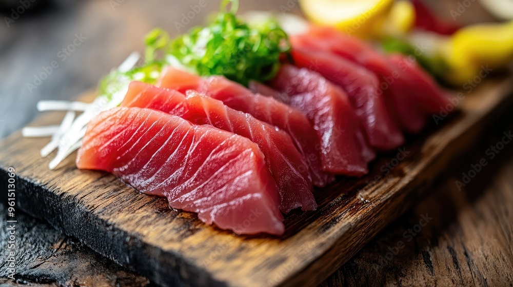 Fresh raw tuna fillet and sashimi on a wooden board, captured in a detailed close-up shot. Fresh raw tuna fillet and sashimi on a wooden board, captured in a detailed close-up shot.