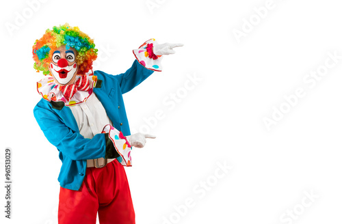 Papier peint Surprised clown pointing at blank template copy spase for advertising, posters, greetings, invitations