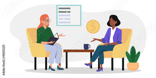 Two business professionals discussing strategy in a modern office environment with graphs