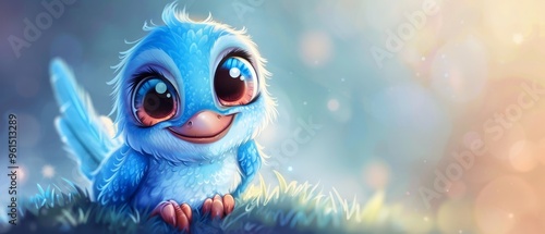  A small blue bird perches atop a verdant field Another bird, also blue, sits atop its head