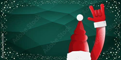 Merry christmas horizontal banner with Santa Claus rock n roll style and santa red hat isolated on green background with stars. Merry Christmas hipster Rock n roll party poster, flyer design template.