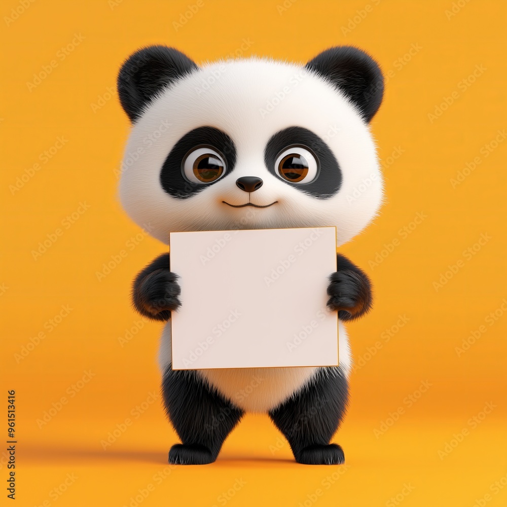 Fototapeta premium Cute panda holding blank sign, orange background, smiling