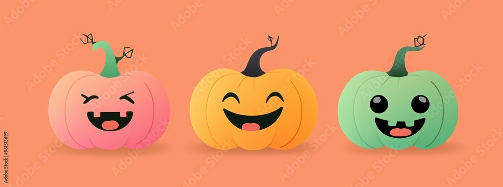Obraz premium paper cut card A set of three different pumpkin icons with green curly vines and purple eyes for Halloween decorations