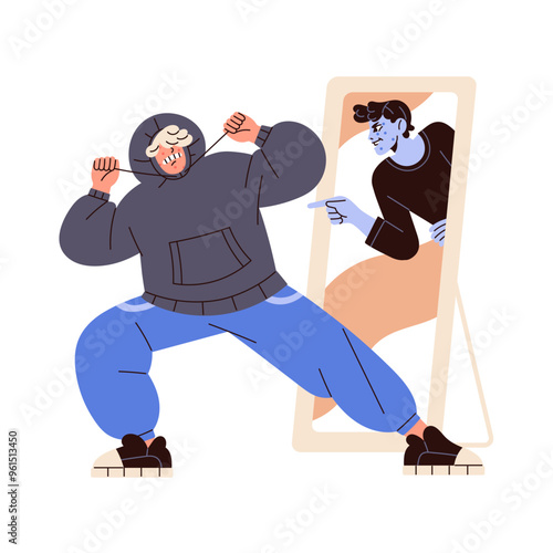 Concept of self doubt, rejection. Teenager critics him appearance in mirror reflection. Difficulties with acceptance, perception of yourself. Uncertainty. Flat isolated vector illustration on white