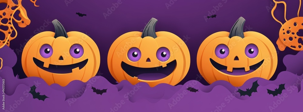 paper cut card A set of three different pumpkin icons with green curly vines and purple eyes for Halloween decorations paper cut card A set of three different pumpkin icons with green curly vines and purple eyes for Halloween decorations