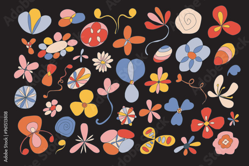 Flower graphic design. Vector set with colorful outline floral elements, roses, leaves. Primitive naive style. Botany blooming spring, summer collection. Cute hand drawn plants isolated on black