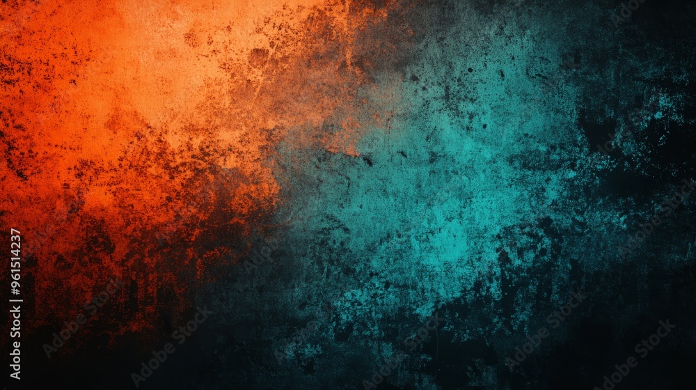 Obraz premium This image features a teal and orange gradient background with a grainy texture. The color gradient transitions from bright orange to dark teal, creating a dramatic and visually appealing effect. The