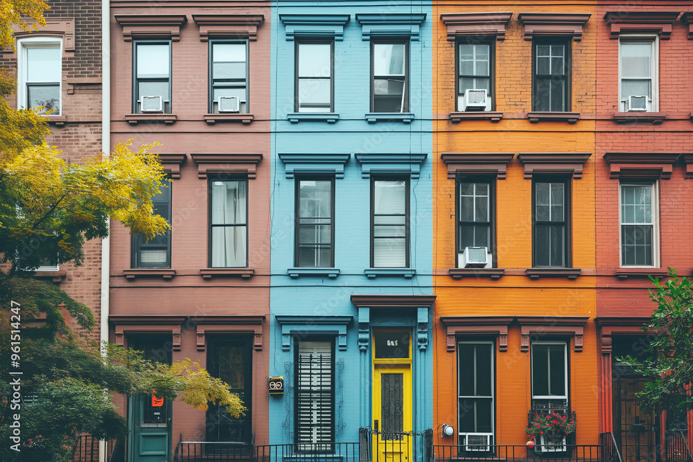 Obraz premium Colorful brownstone buildings on a quiet street in New York City, showcasing shades of red, blue, and yellow, with windows and trees adding to the urban charm.