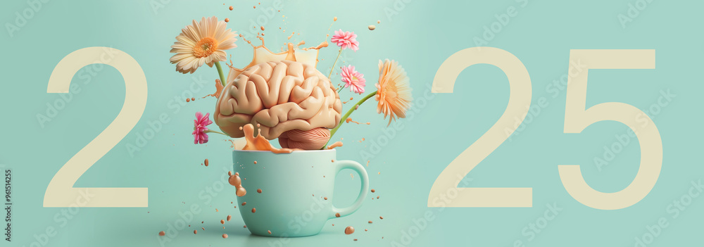Obraz premium New year 2025, human brain, coffee splash from a cup, flowers growing from mind, mental health, positive optimism thinking, creative idea