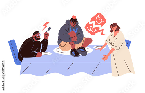 Unhappy teenager suffers from parents' fight, quarrel. Mother and father shout, brawl, argue in front of child. Divorce, family problems concept. Flat isolated vector illustration on white background