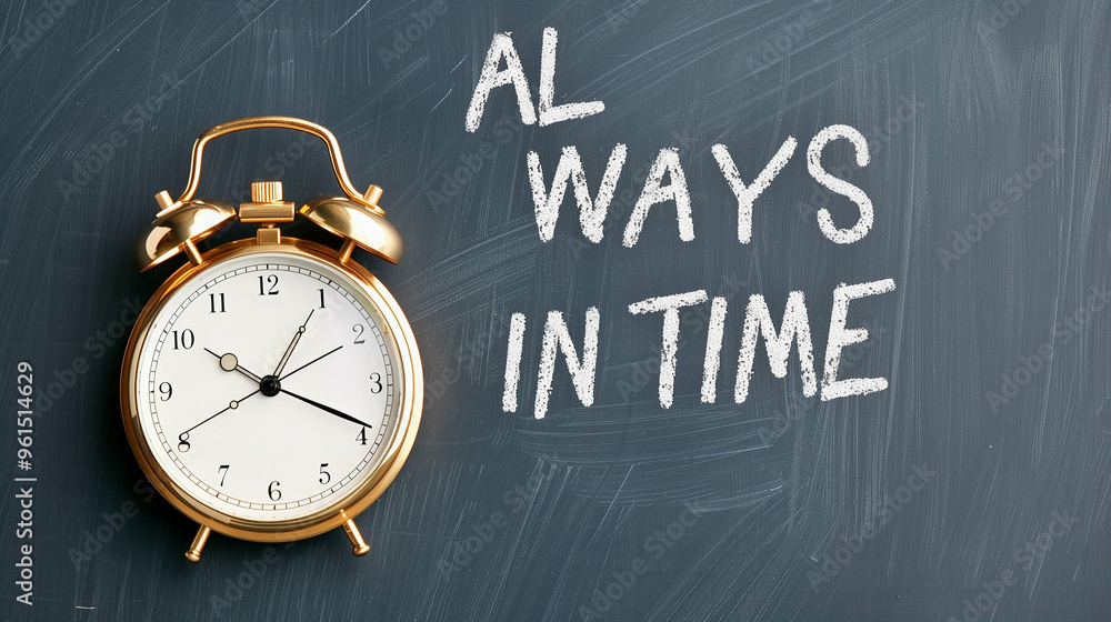 Alarm clock for time management and organization on blackboard background Alarm clock for time management and organization on blackboard background